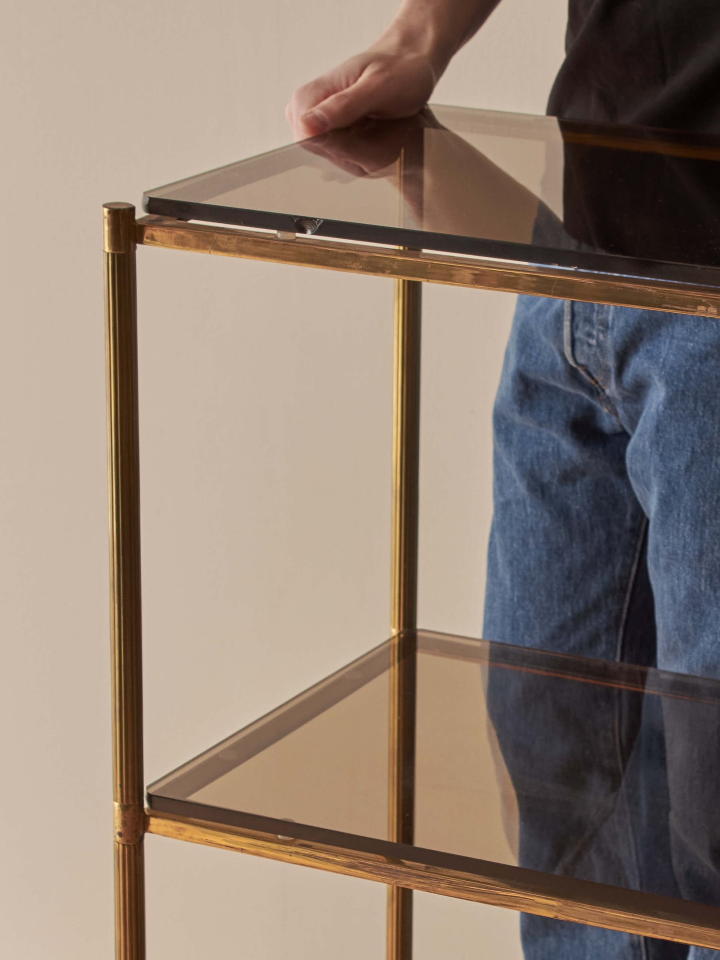 Mid-century brass and smoked glass shelving unit