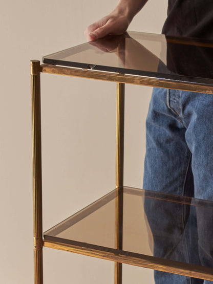 Mid-century brass and smoked glass shelving unit