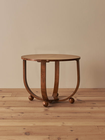 Art Deco walnut circular side table on ball feet