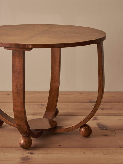 Art Deco walnut circular side table on ball feet