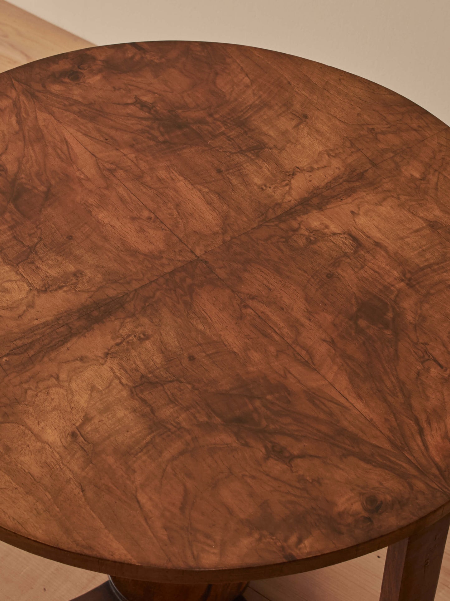 Art Deco walnut circular side table on ball feet
