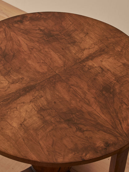 Art Deco walnut circular side table on ball feet