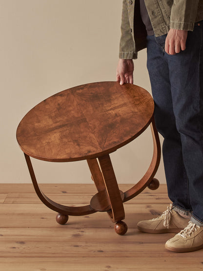 Art Deco walnut circular side table on ball feet