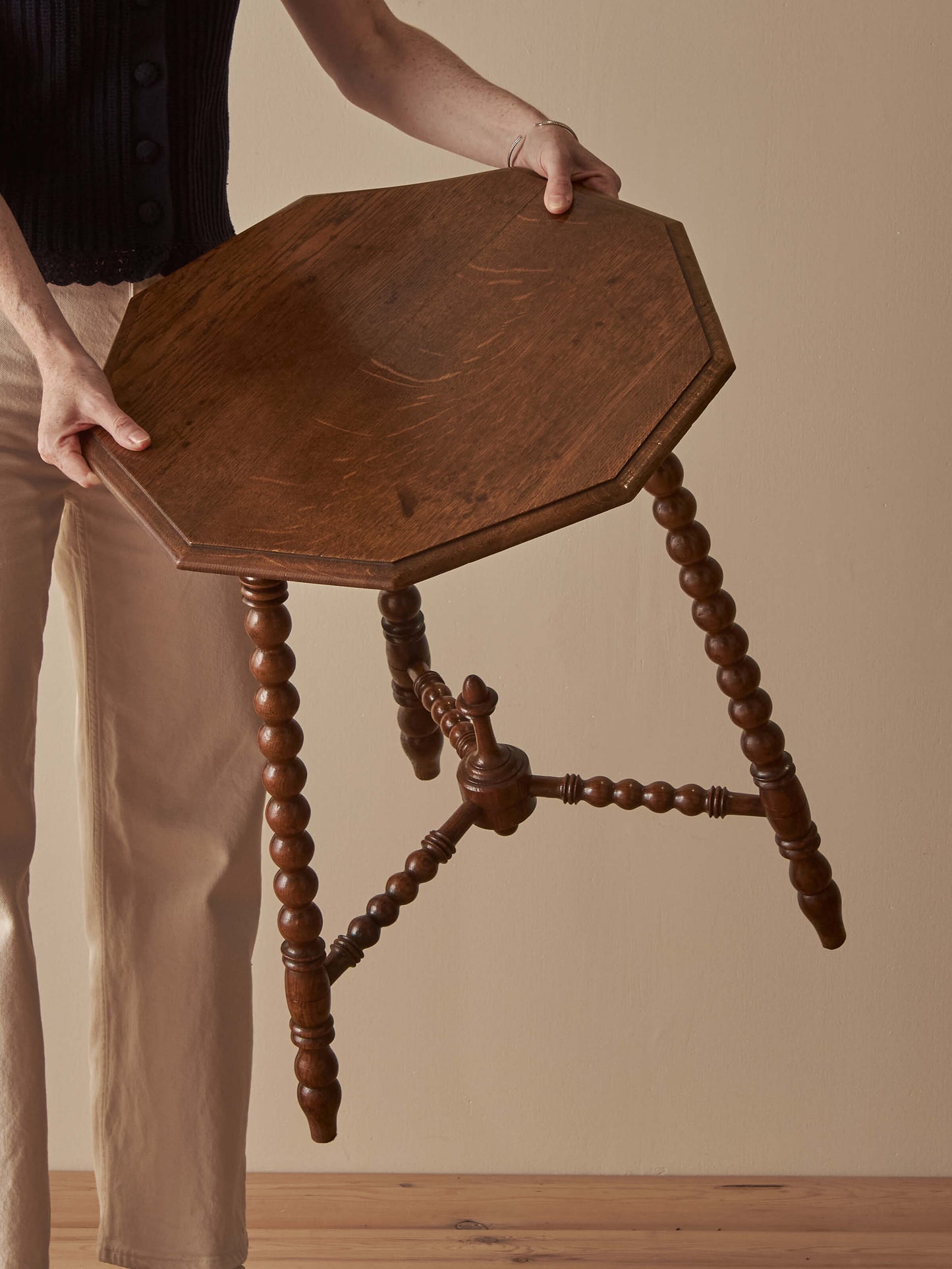 French vintage oak octagonal bobbin table