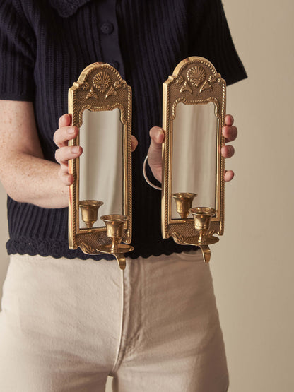 Mid-century Swedish mirrored brass candle sconces