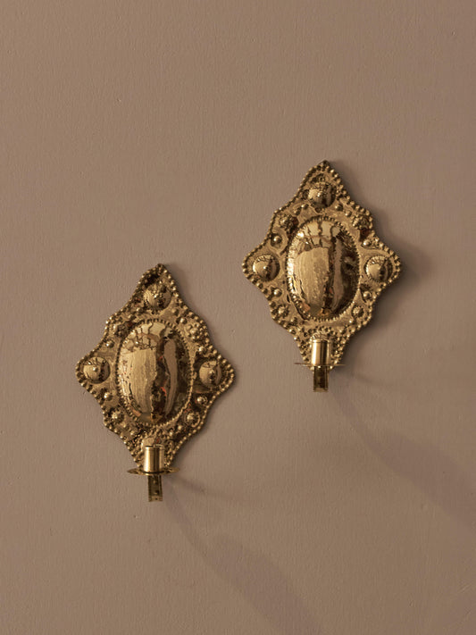 Mid-century Swedish reporosse brass candle sconces