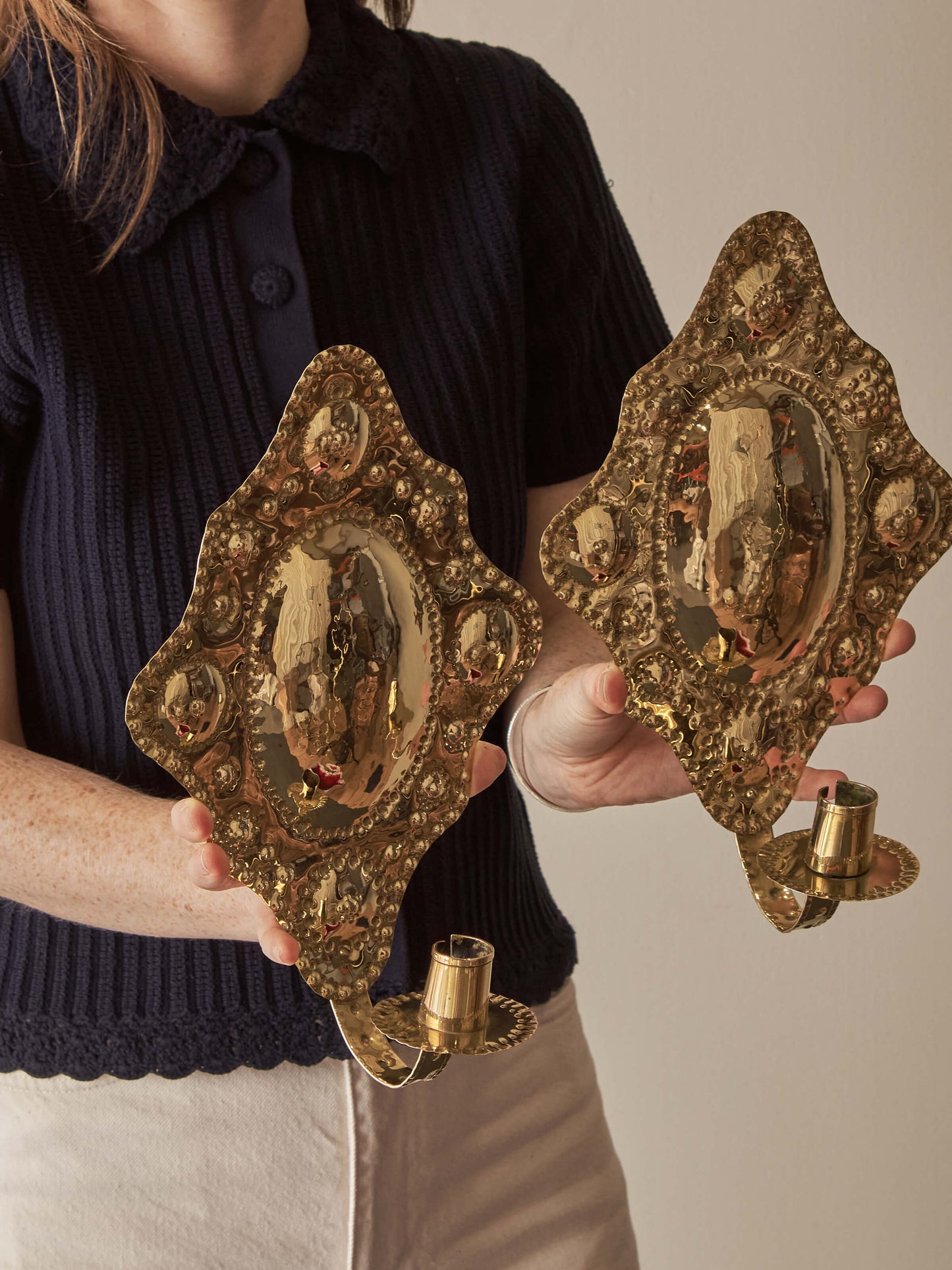 Mid-century Swedish reporosse brass candle sconces