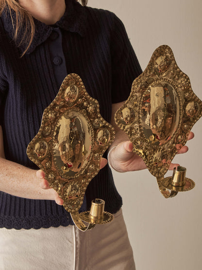 Mid-century Swedish reporosse brass candle sconces