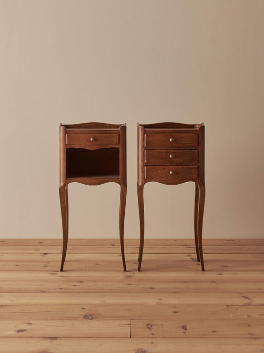 Close-pair of vintage French oak bedside tables