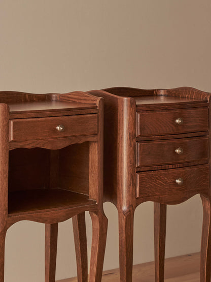 Close-pair of vintage French oak bedside tables
