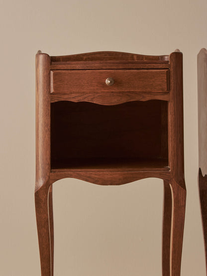 Close-pair of vintage French oak bedside tables