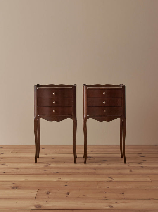 Pair of French mid-century bedside tables with three drawers