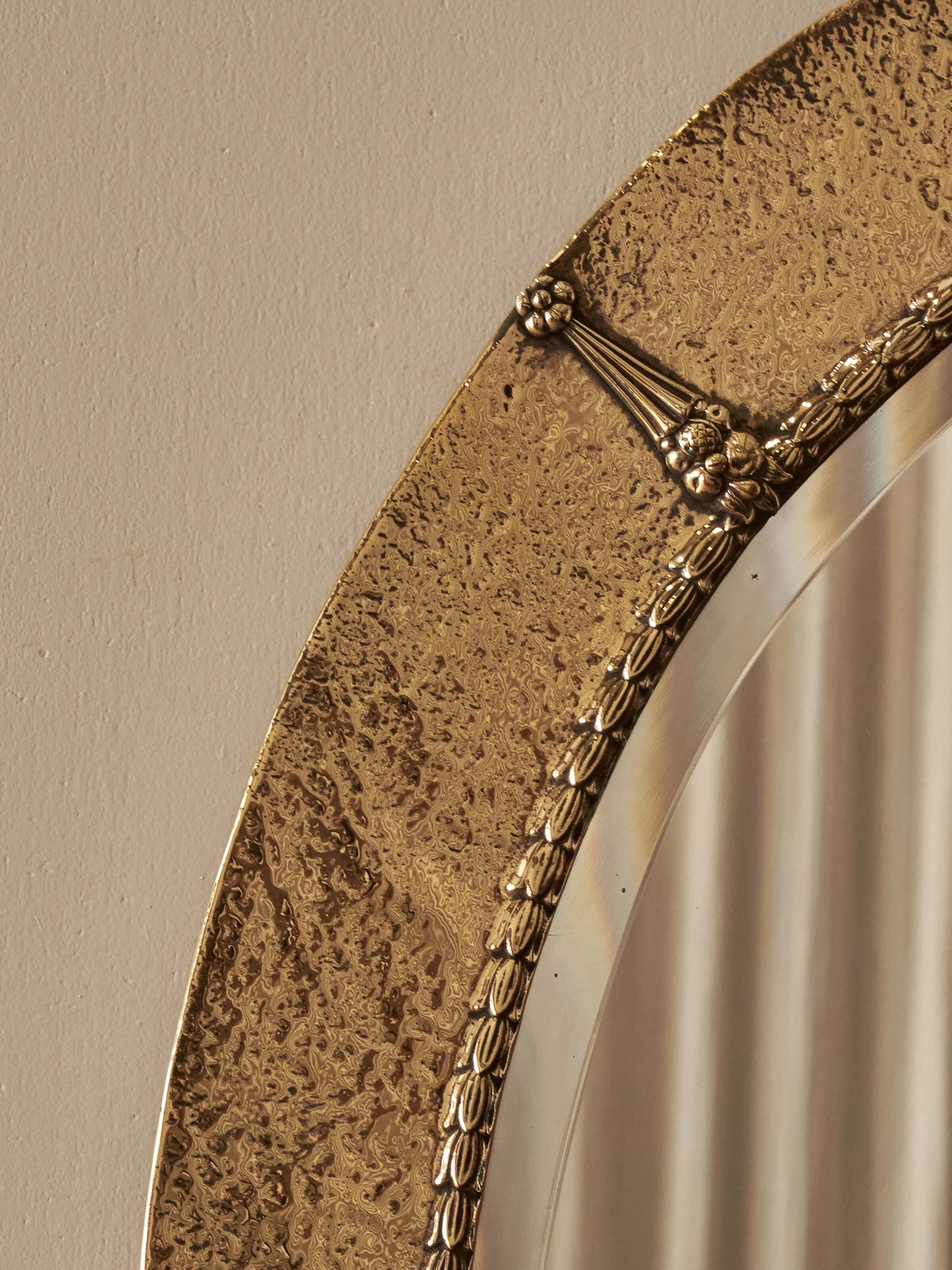 Arts and Crafts oval hammered brass mirror