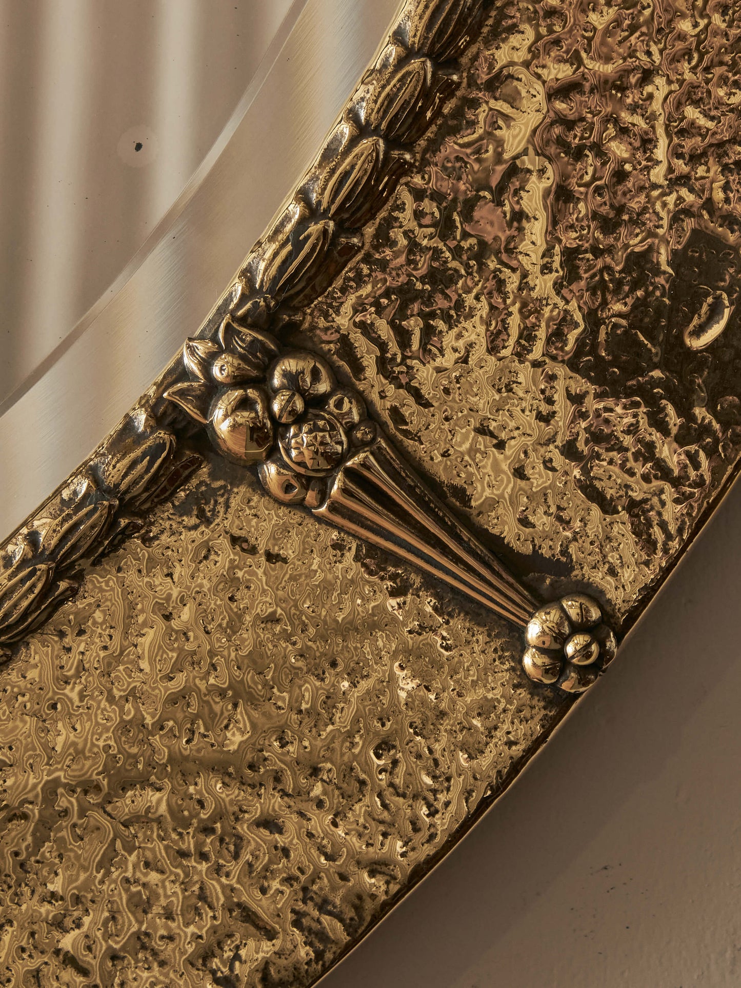 Arts and Crafts oval hammered brass mirror