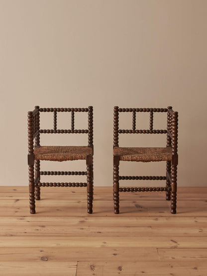 Pair of French mid-century bobbin corner chairs