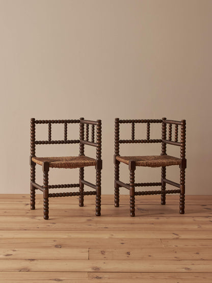 Pair of French mid-century bobbin corner chairs