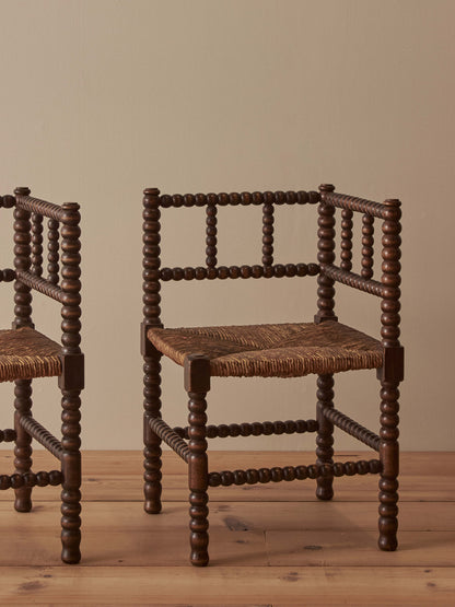 Pair of French mid-century bobbin corner chairs