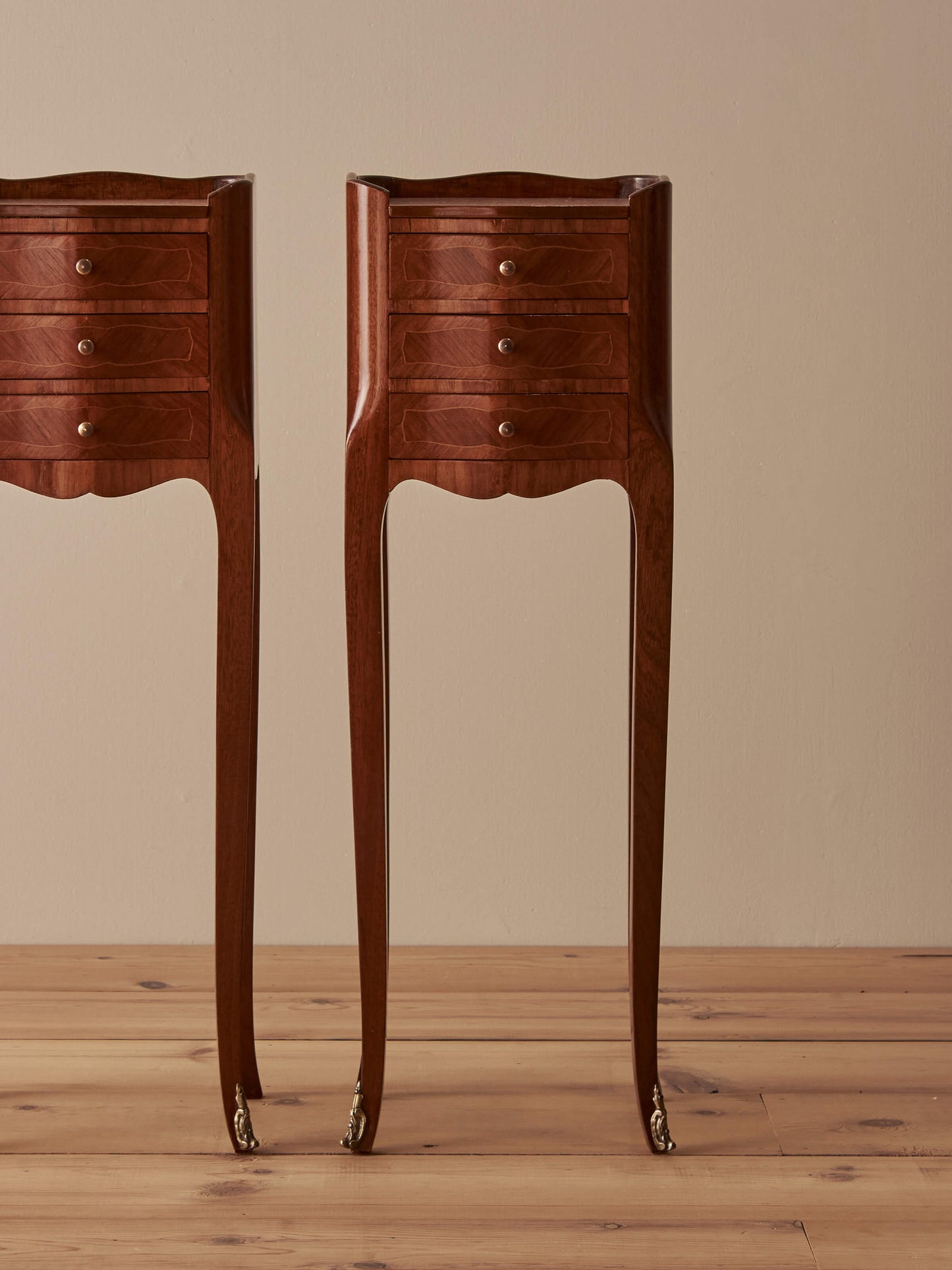Pair of petite French vintage kingwood bedside tables