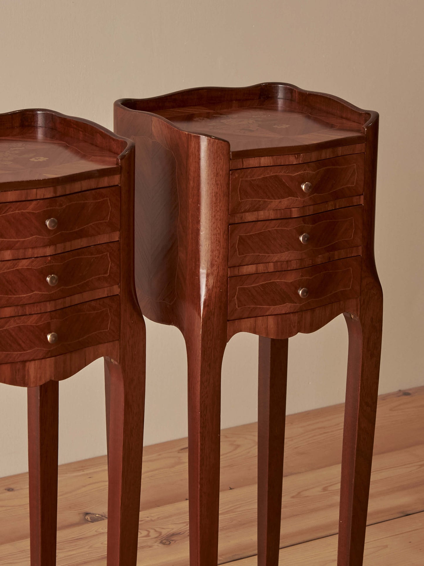 Pair of petite French vintage kingwood bedside tables