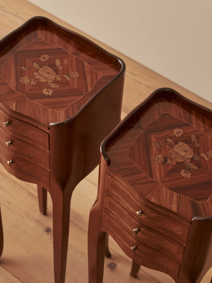 Pair of petite French vintage kingwood bedside tables