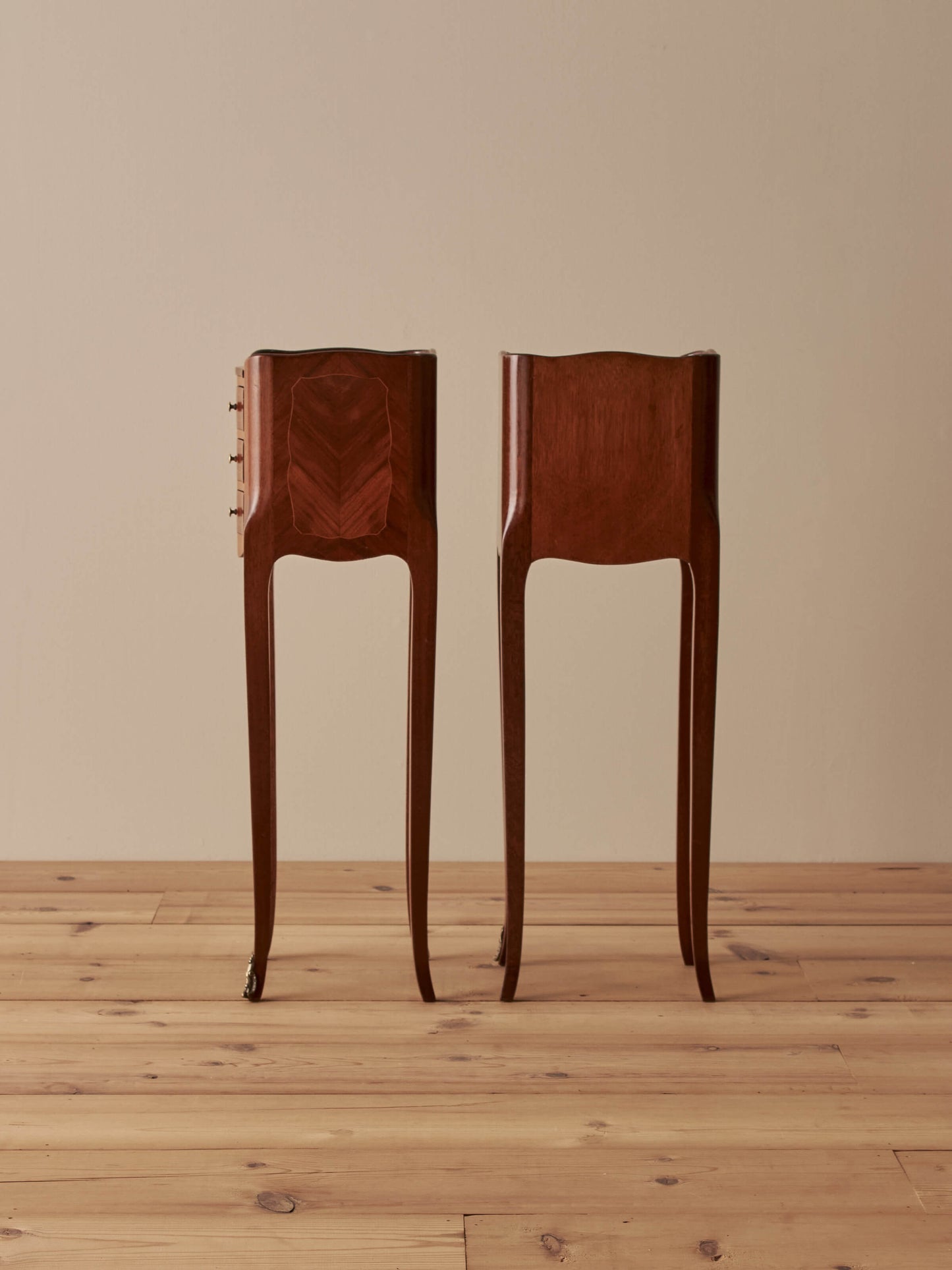 Pair of petite French vintage kingwood bedside tables
