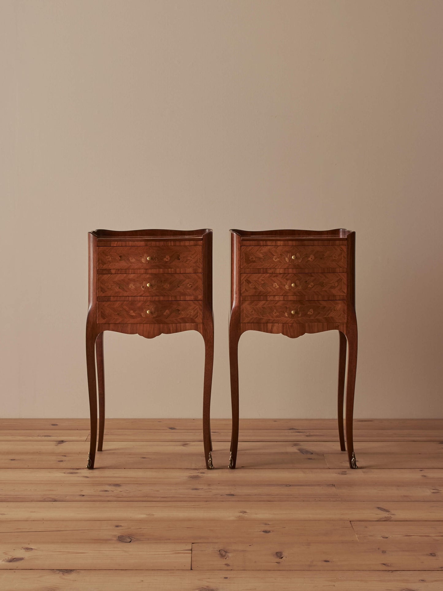 Pair of French mid-century marquetry bedside tables