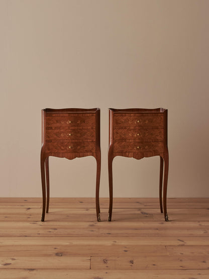 Pair of French mid-century marquetry bedside tables