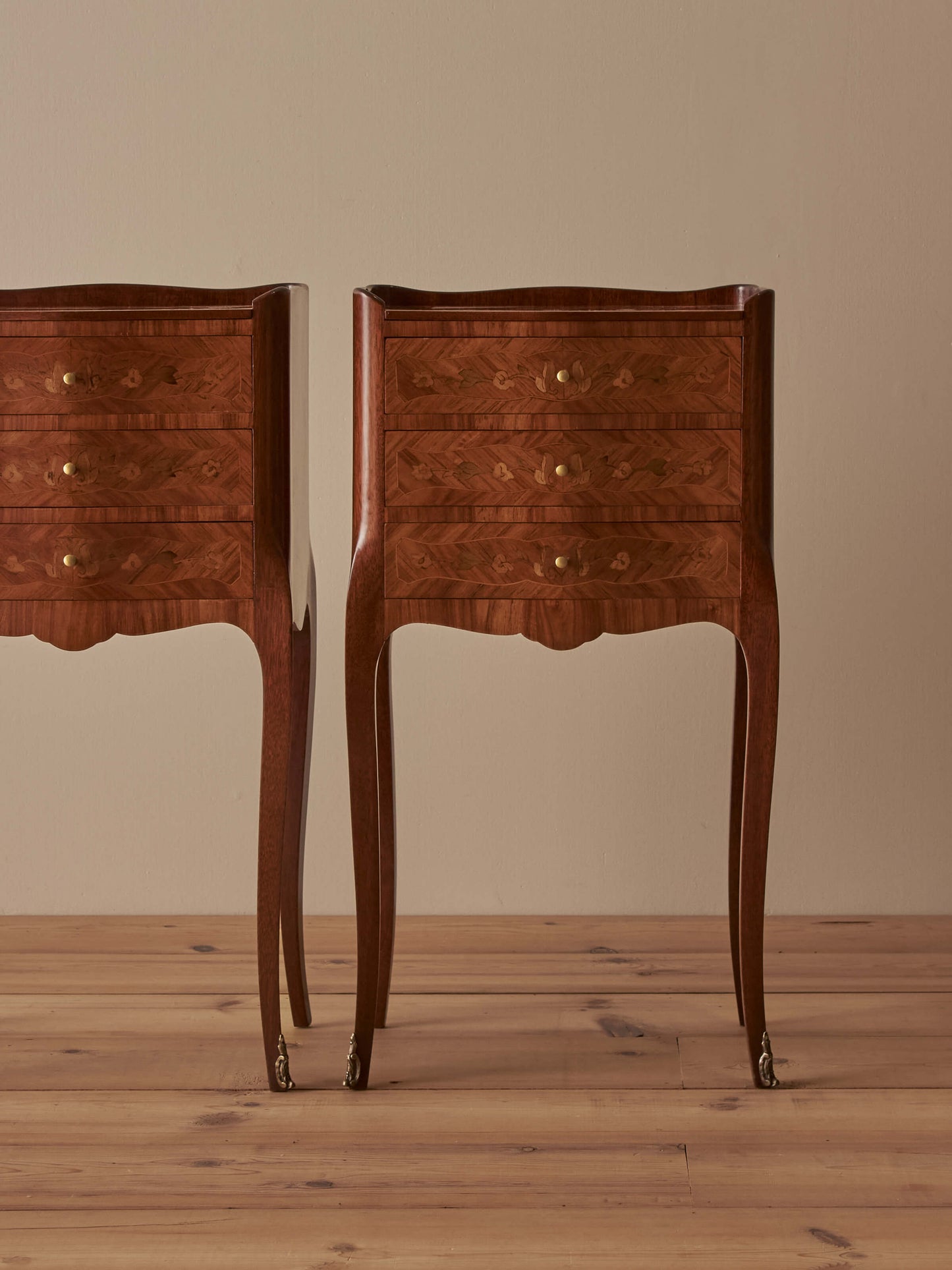 Pair of French mid-century marquetry bedside tables
