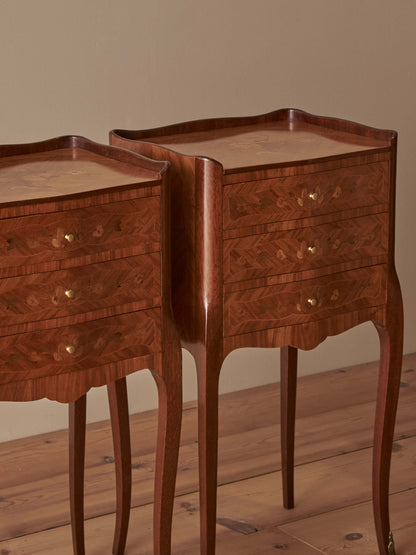 Pair of French mid-century marquetry bedside tables
