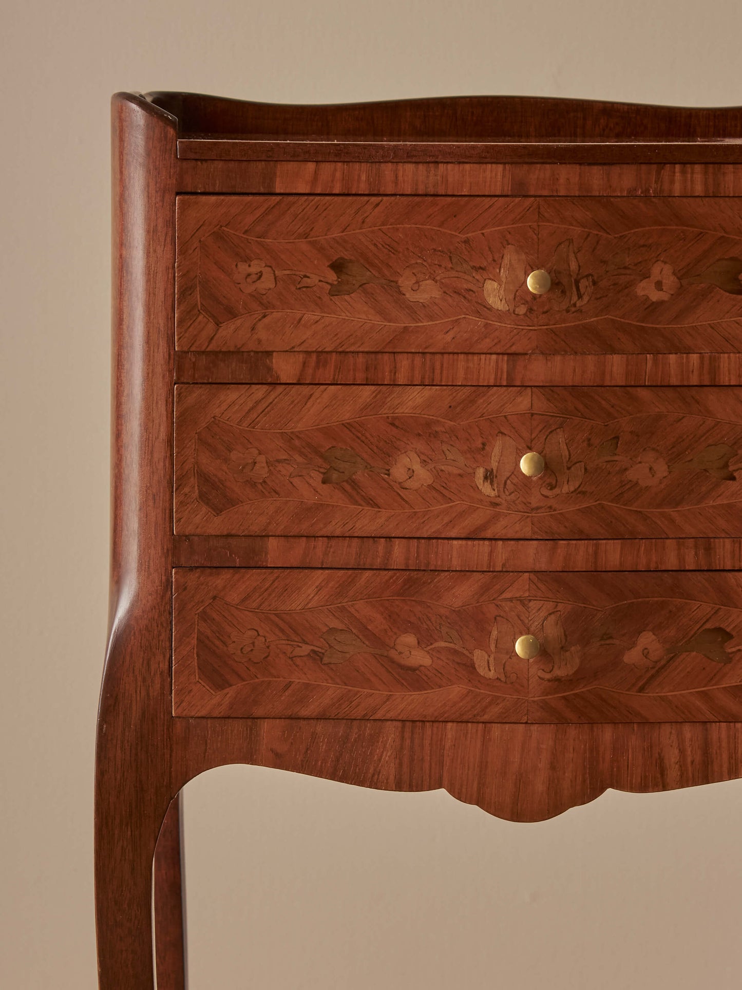 Pair of French mid-century marquetry bedside tables