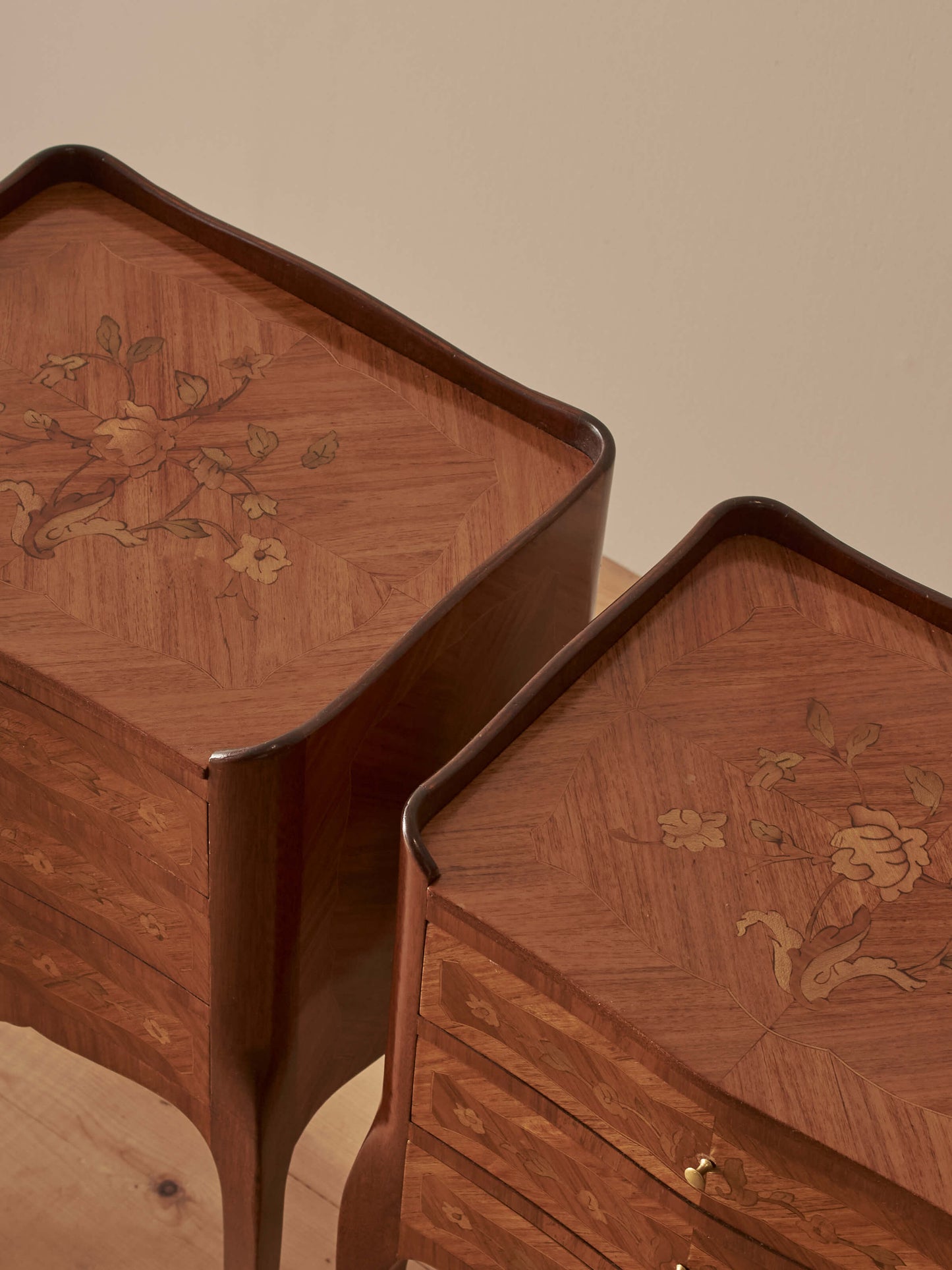 Pair of French mid-century marquetry bedside tables