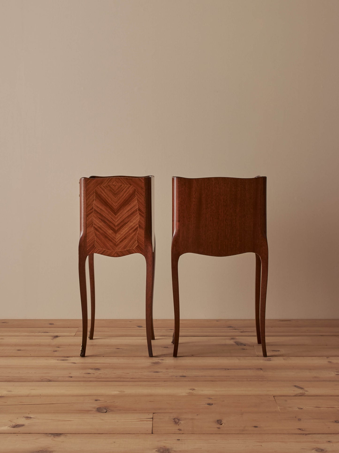 Pair of French mid-century marquetry bedside tables