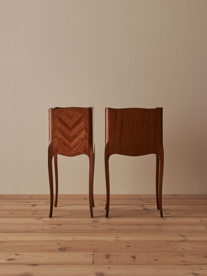 Pair of French mid-century marquetry bedside tables