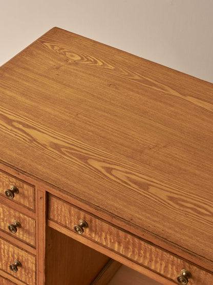 Antique Japanese ash pedestal desk on castors