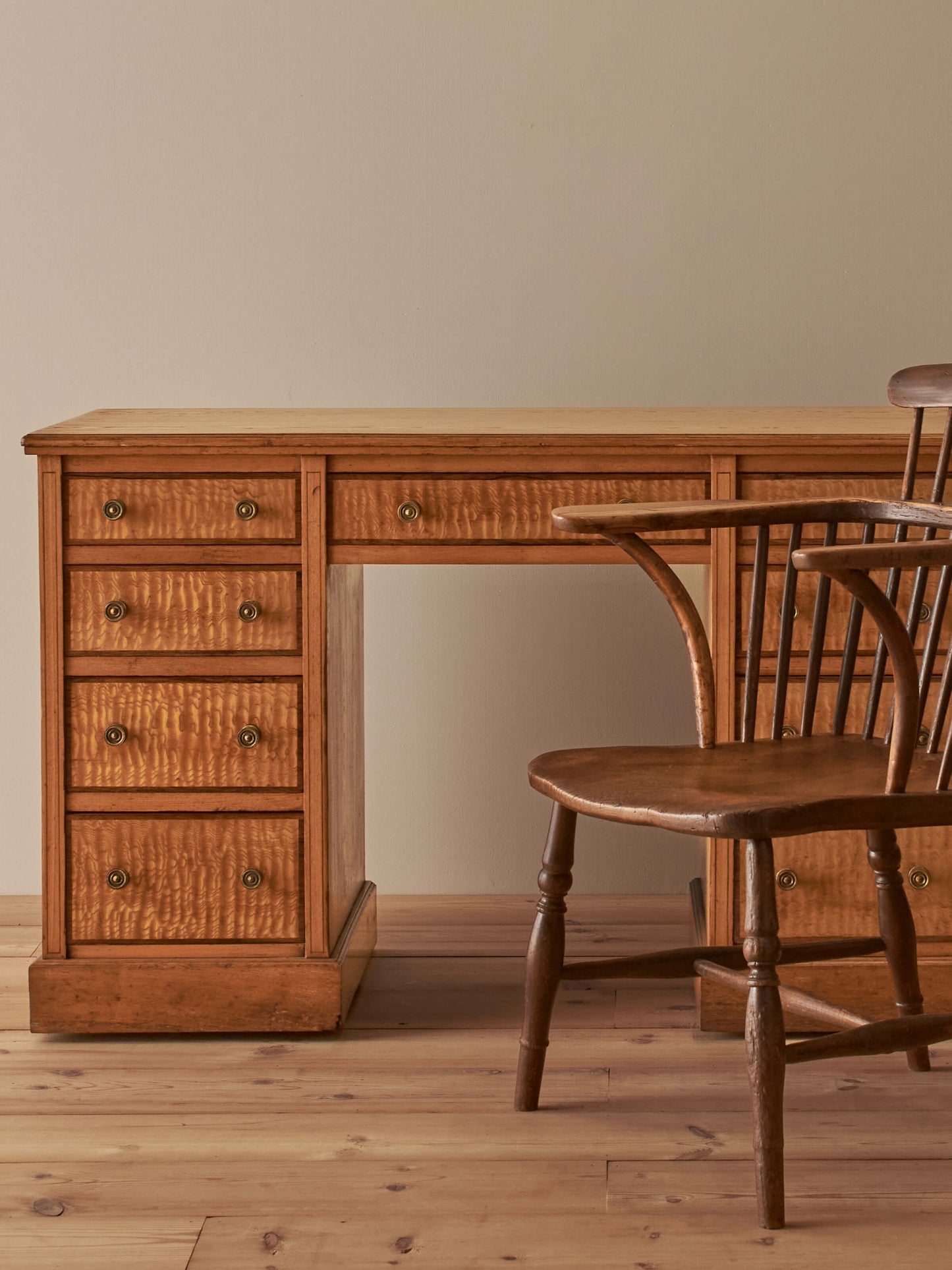 Antique Japanese ash pedestal desk on castors