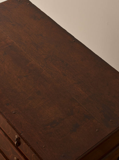 Queen Anne antique olive-oyster chest of drawers on bun feet