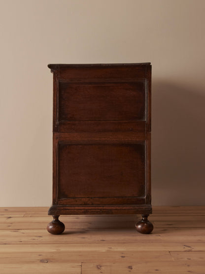 Queen Anne antique olive-oyster chest of drawers on bun feet