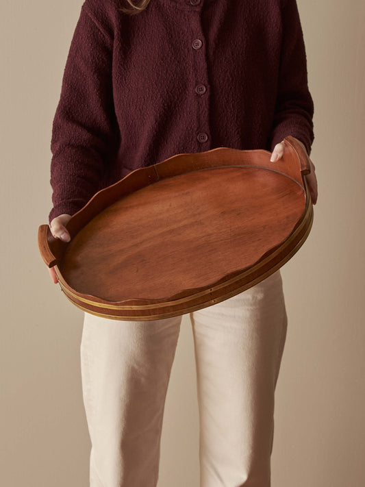 Late Victorian walnut brass-banded scalloped tray