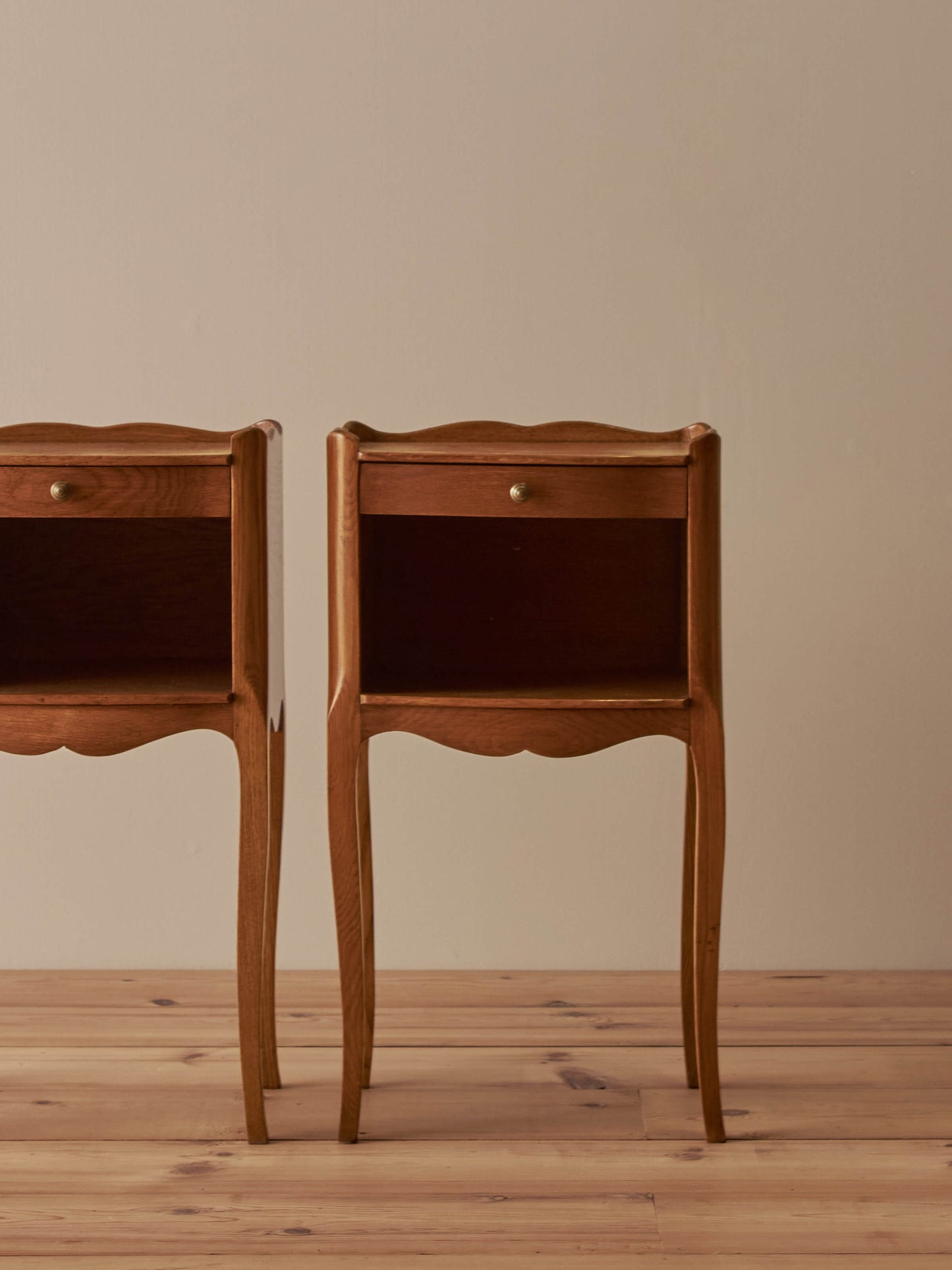 Pair of French vintage blonde oak bedside tables