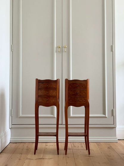 Pair of French antique marquetry petite bedside tables