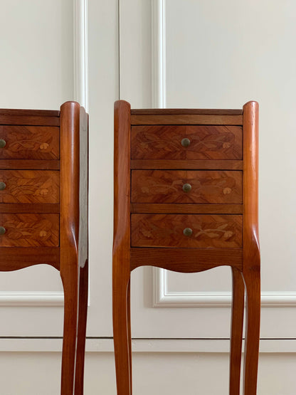 Pair of French antique marquetry petite bedside tables