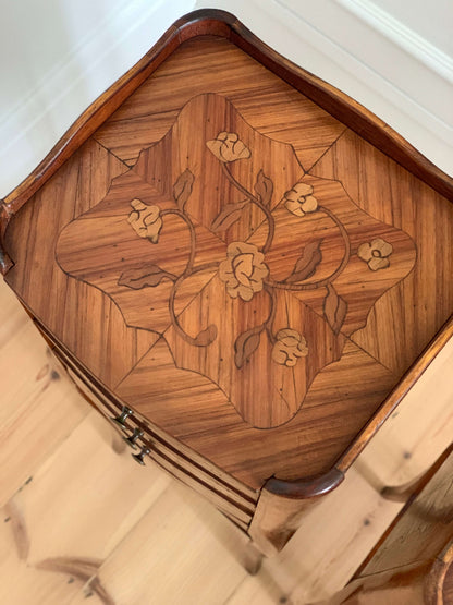 Pair of French antique marquetry petite bedside tables