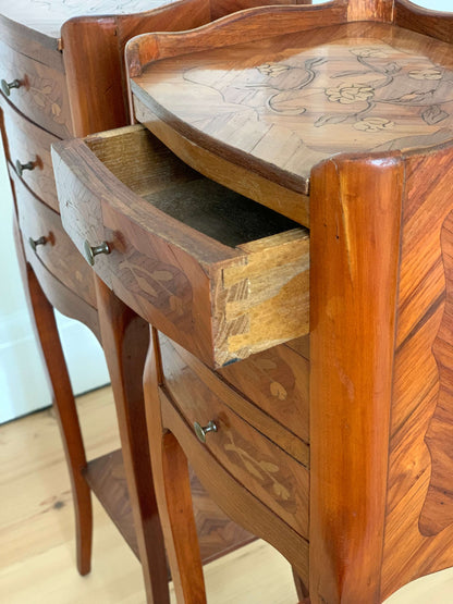 Pair of French antique marquetry petite bedside tables