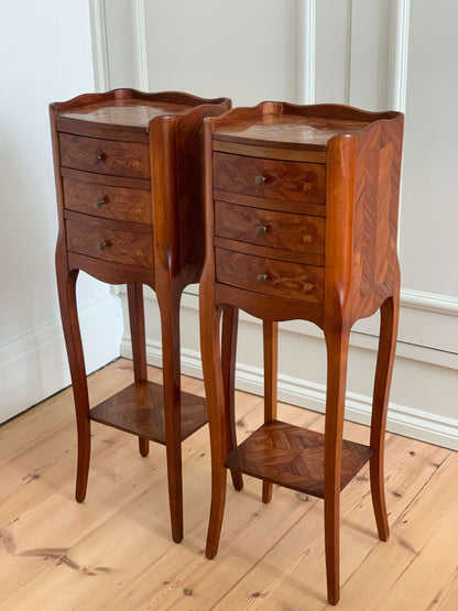 Pair of French antique marquetry petite bedside tables