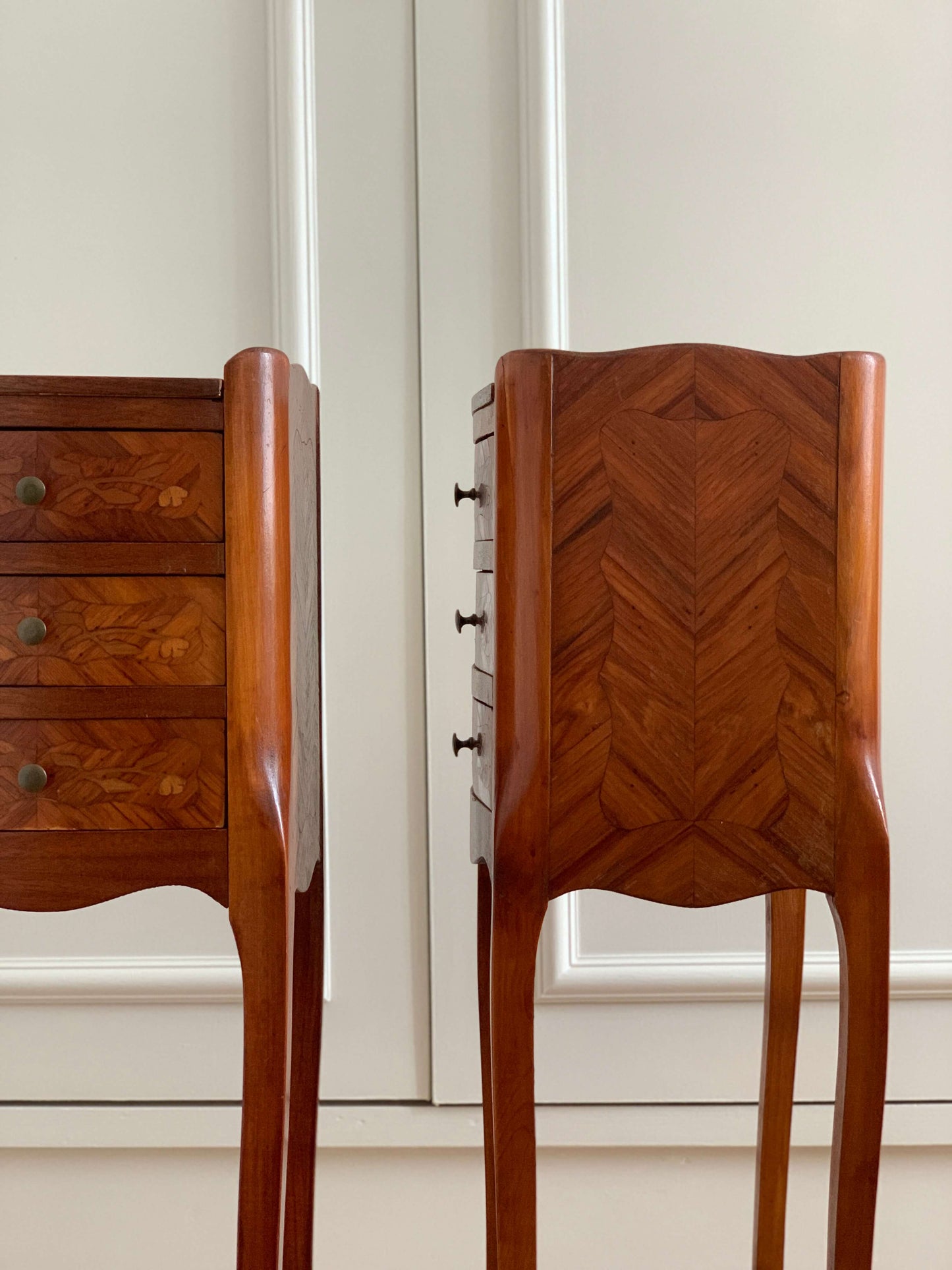 Pair of French antique marquetry petite bedside tables