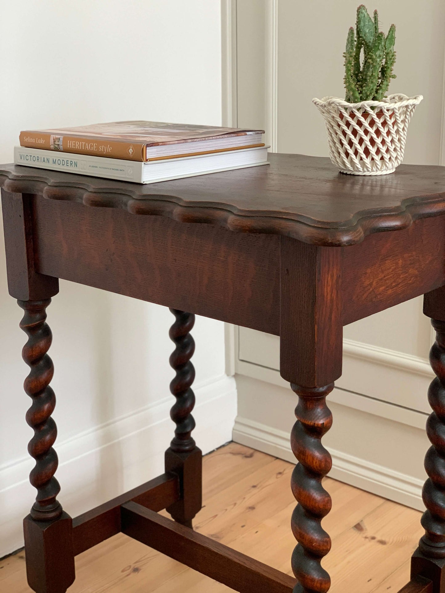 Antique barley twist side table with scalloped top