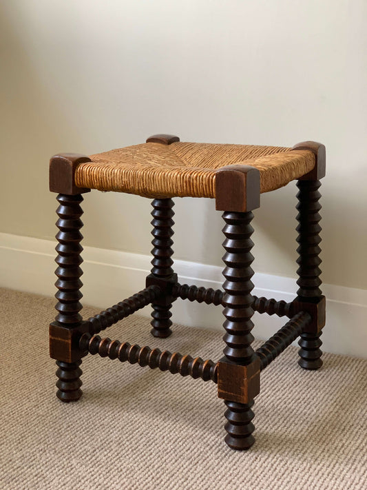 French antique turned stool with rush seat