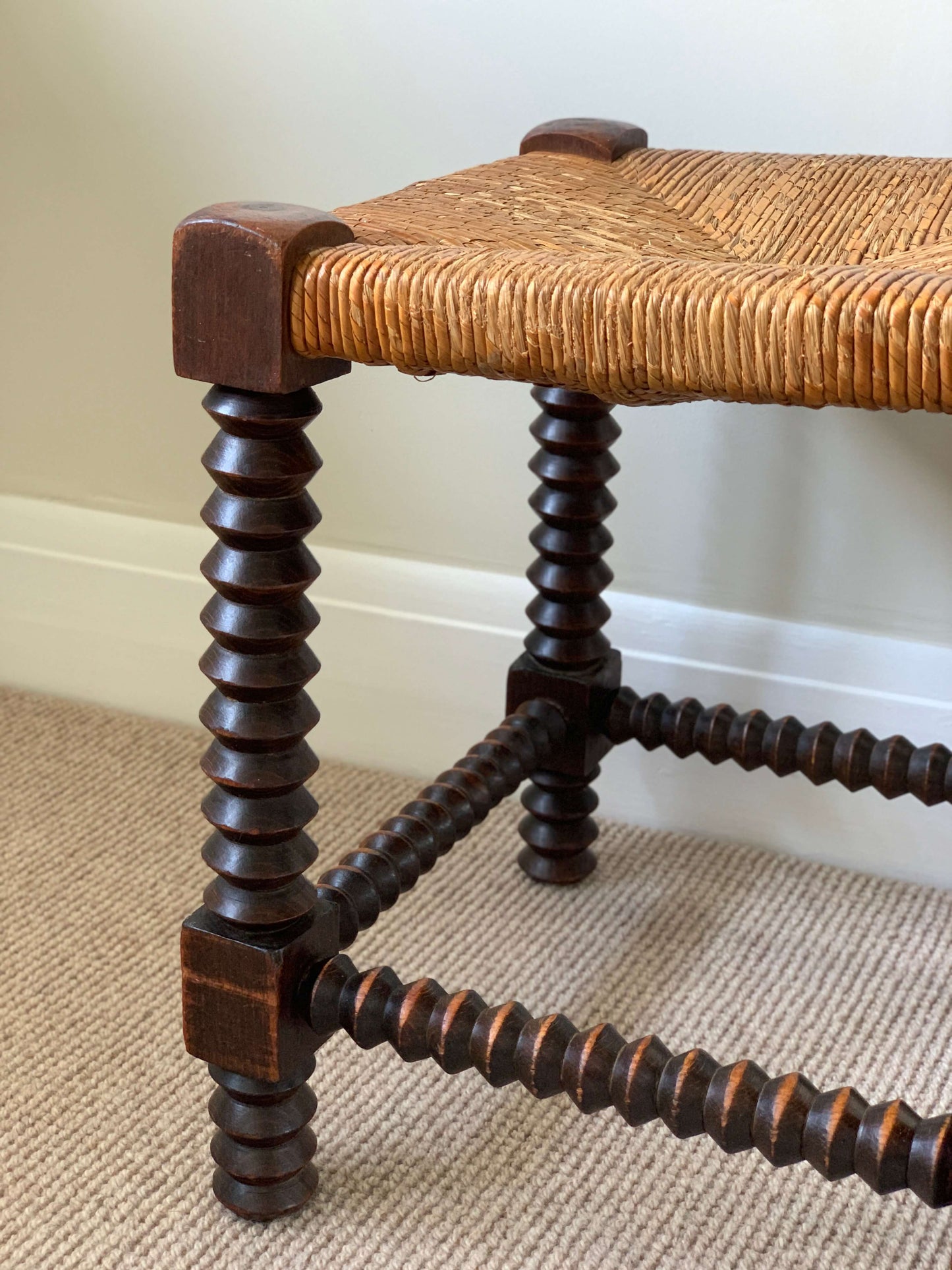 French antique turned stool with rush seat