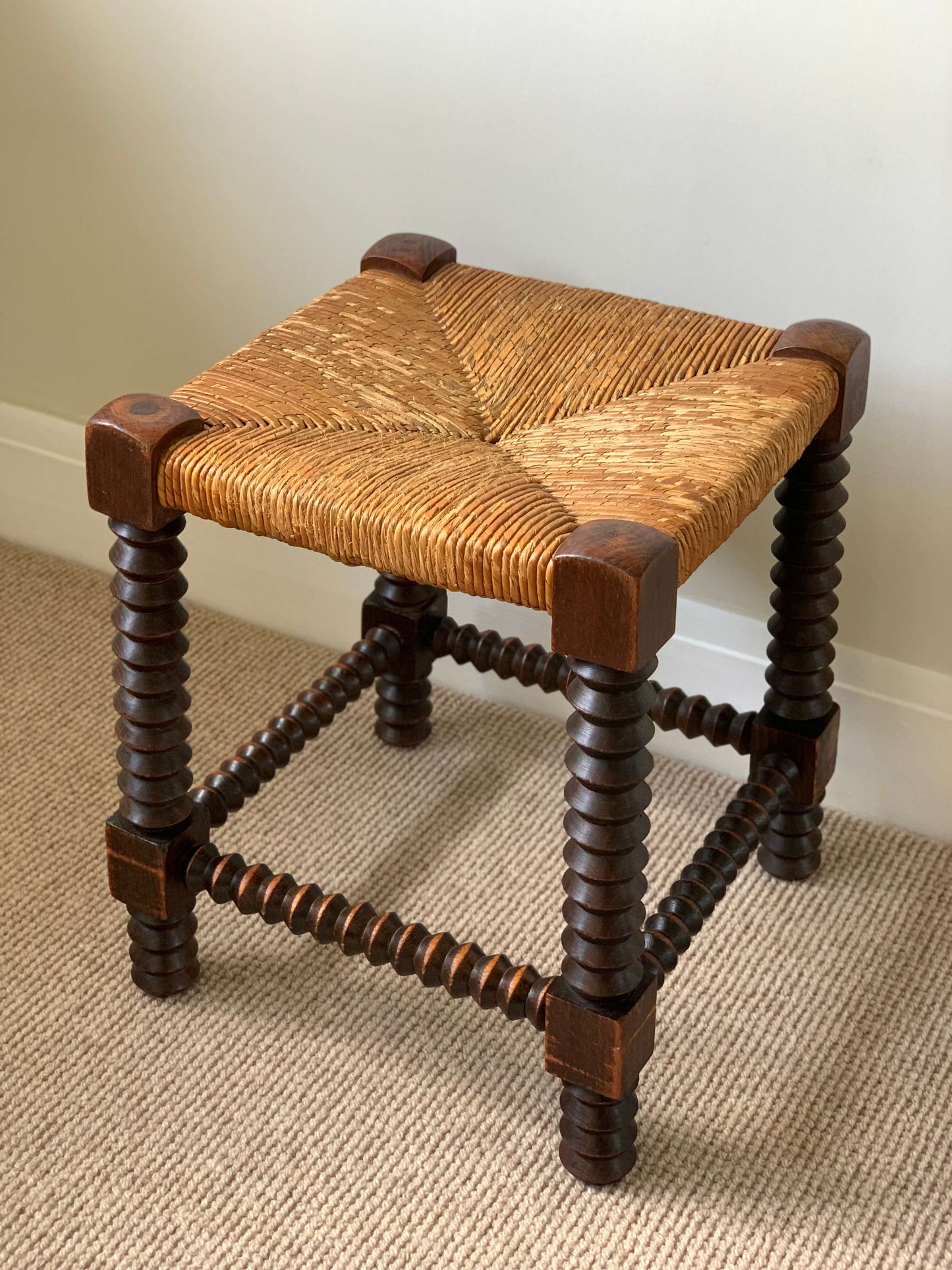 French antique turned stool with rush seat