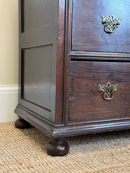 William and Mary oak chest of drawers on bun feet